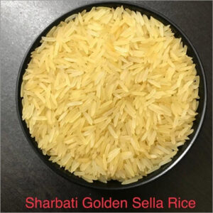 Sharbati Golden Sella Rice in a black bowl