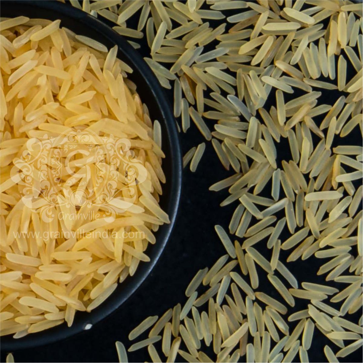 1718 Golden Sella Basmati Rice in a black bowl