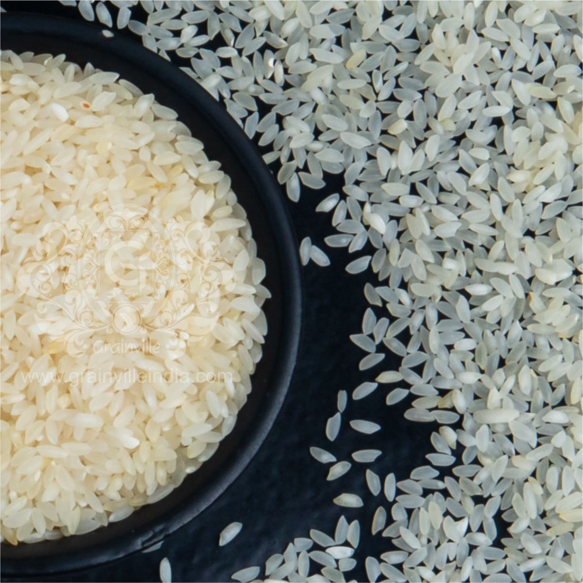 Ambe Mohar Rice (Ghee Rice) in a black bowl
